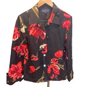 Herman Geist Womens Floral Button-Up Jacket Size 10 Black Red Gold Flower Print